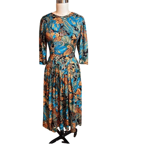 Benson & Smith Dresses & Skirts - Benson & Smith Paisley Midi Dress Womens 6 Blue Dropped Waist Pleated Vintage